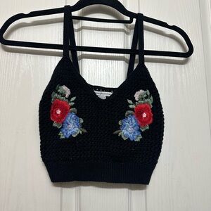 American Eagle Black Floral Embroidered Crop Top